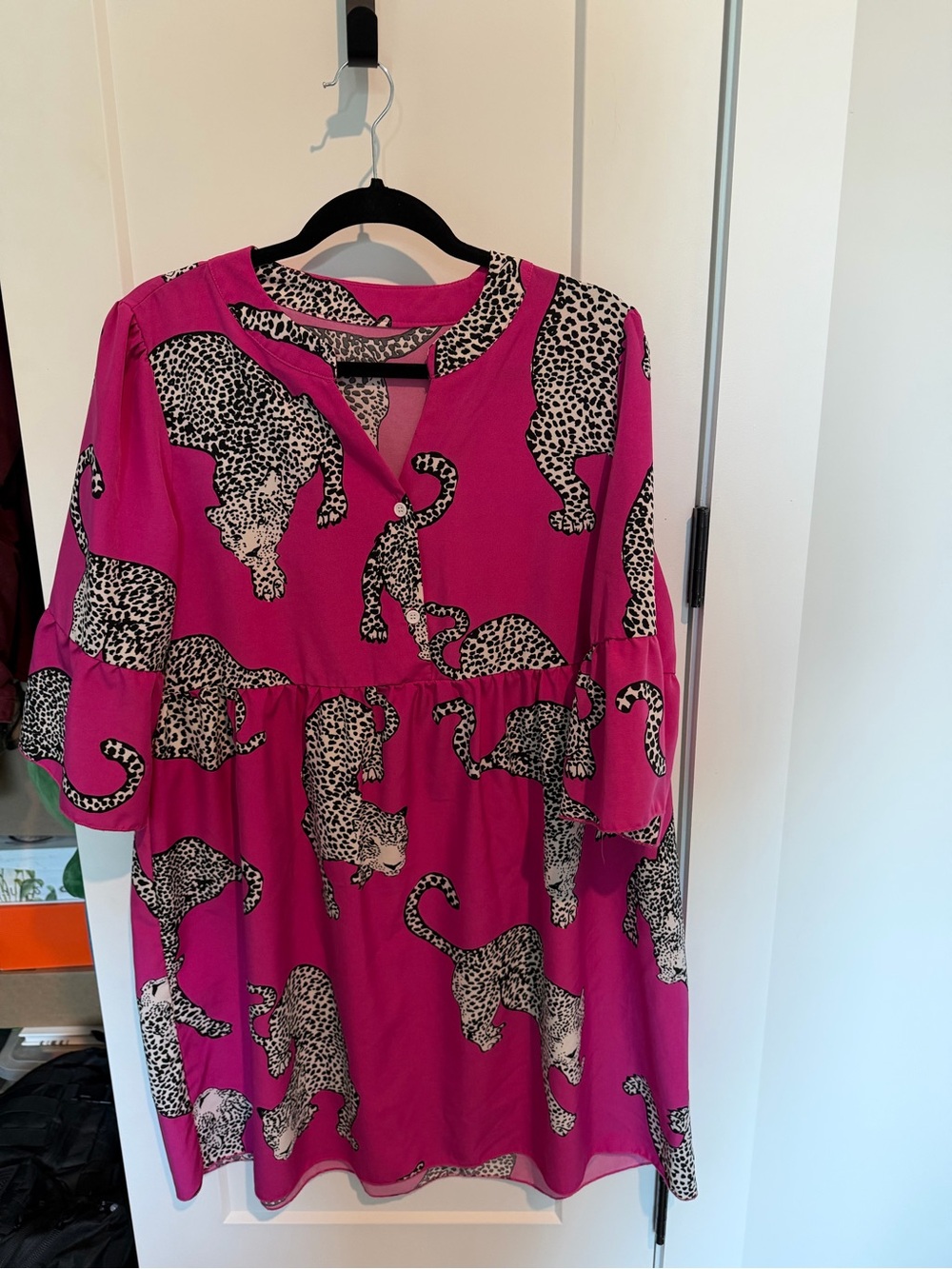 SHEIN Hot Pink Leopard Print Tiered Babydoll Dress